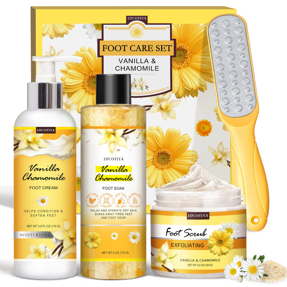 LUCOTIYA vanilla chamomile foot soak bottle for relaxing aromatherapy