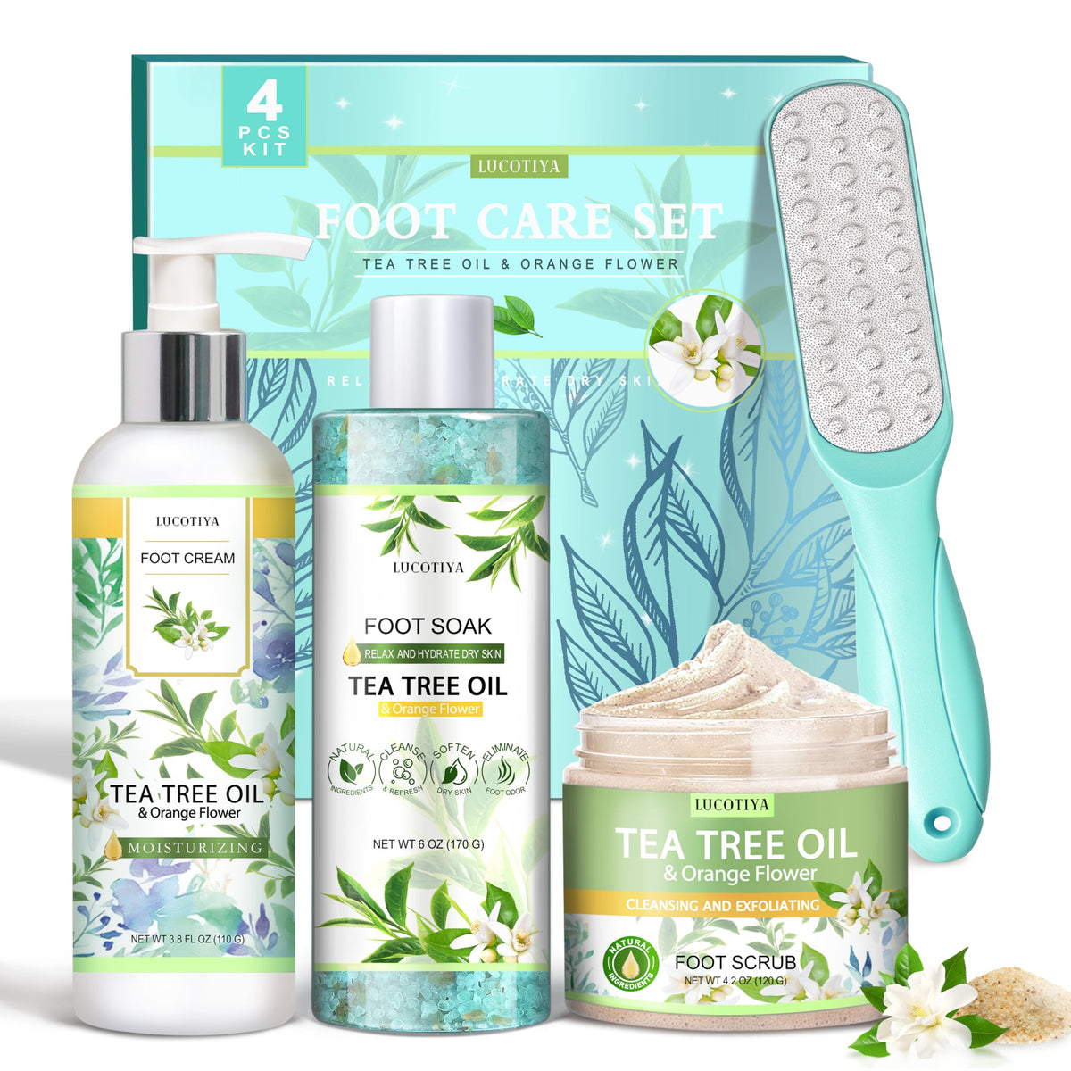 LUCOTIYA foot soak set with tea tree and orange blossom for refreshed feet.