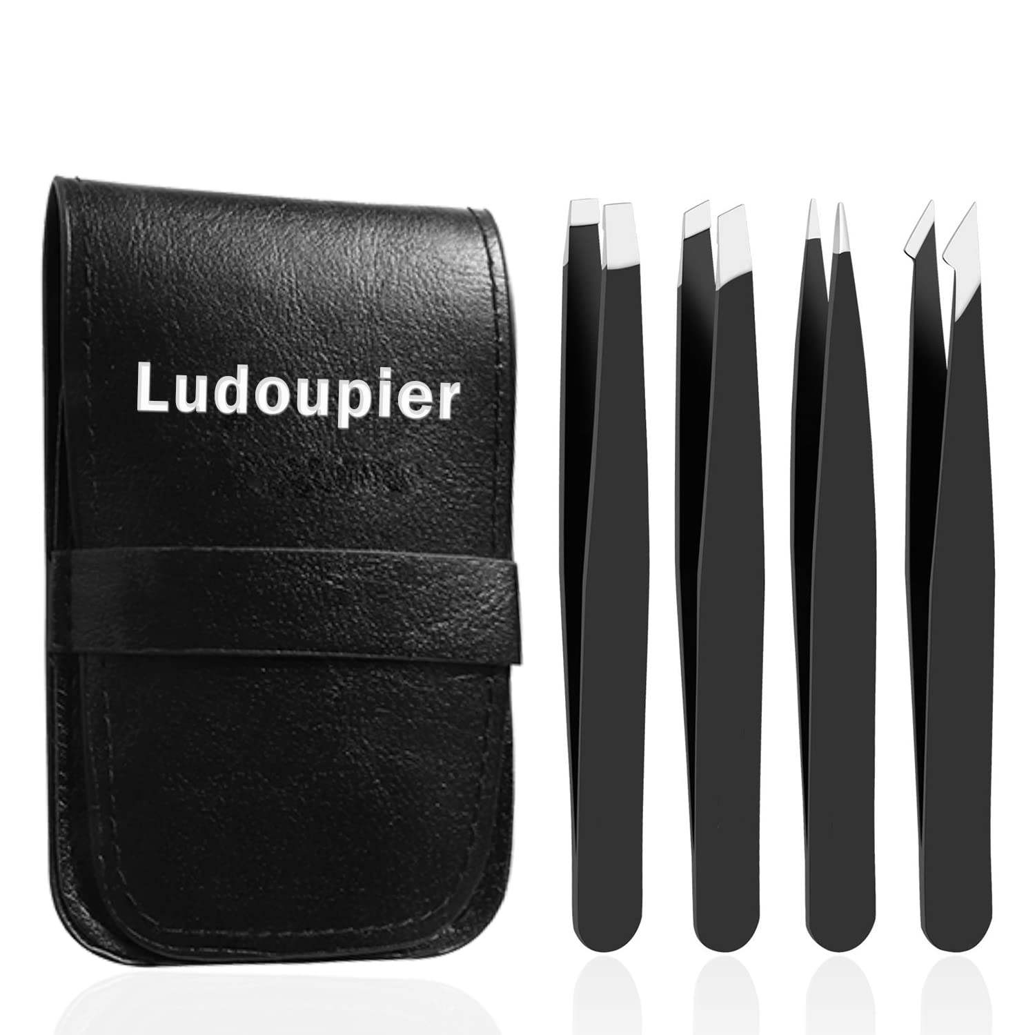 LUDOUPIER 4-piece tweezers set with travel case for portable precision.