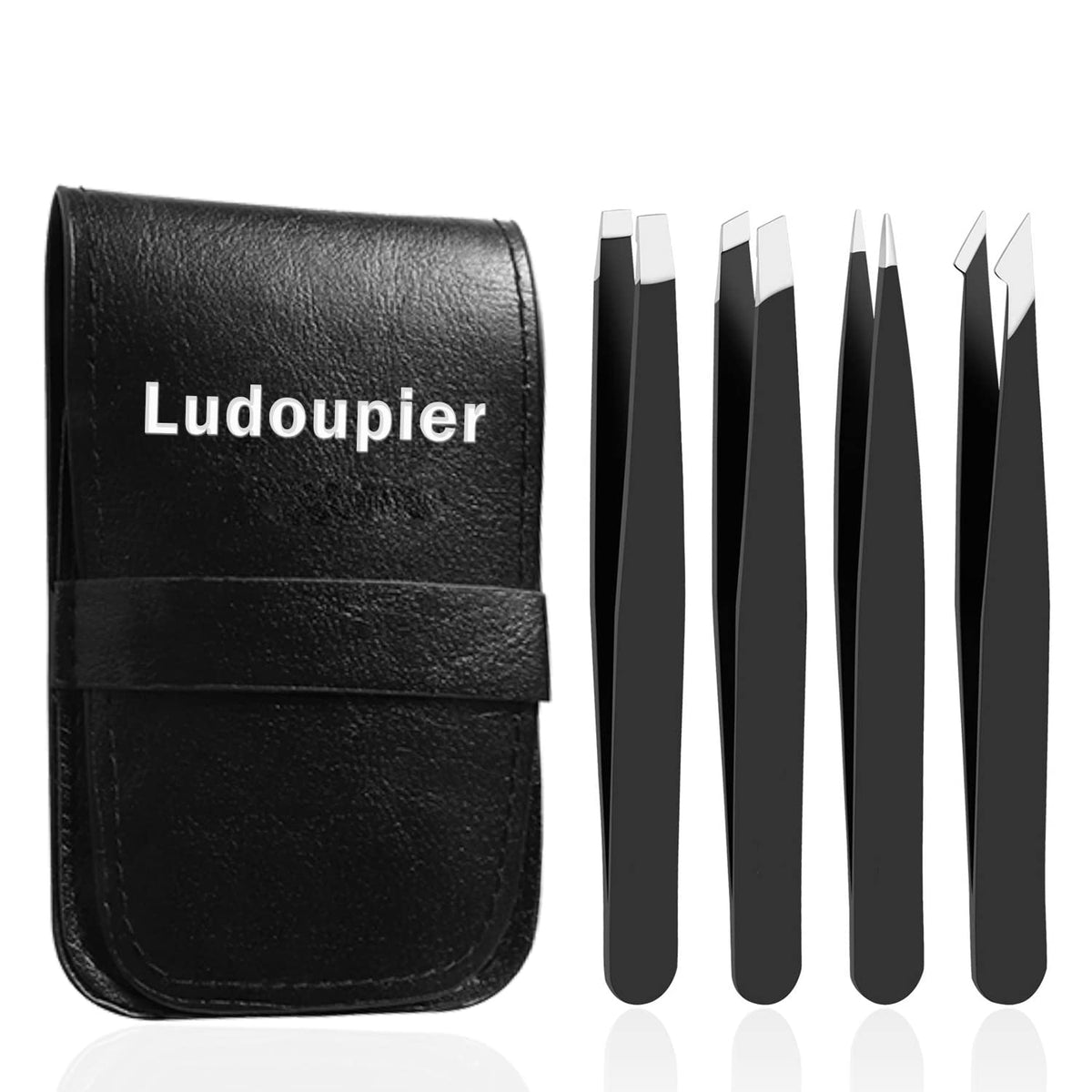 LUDOUPIER 4-piece tweezers set with travel case for portable precision.