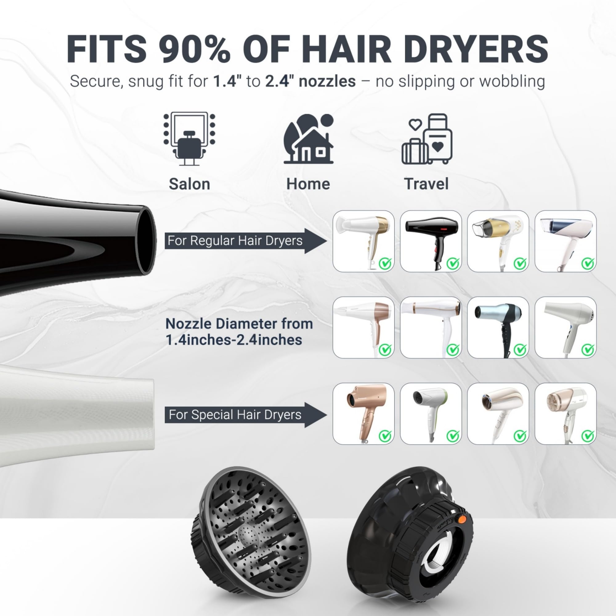 Ludvento diffuser demonstrates compatibility with Dyson/Shark/Conair dryers for easy setup.