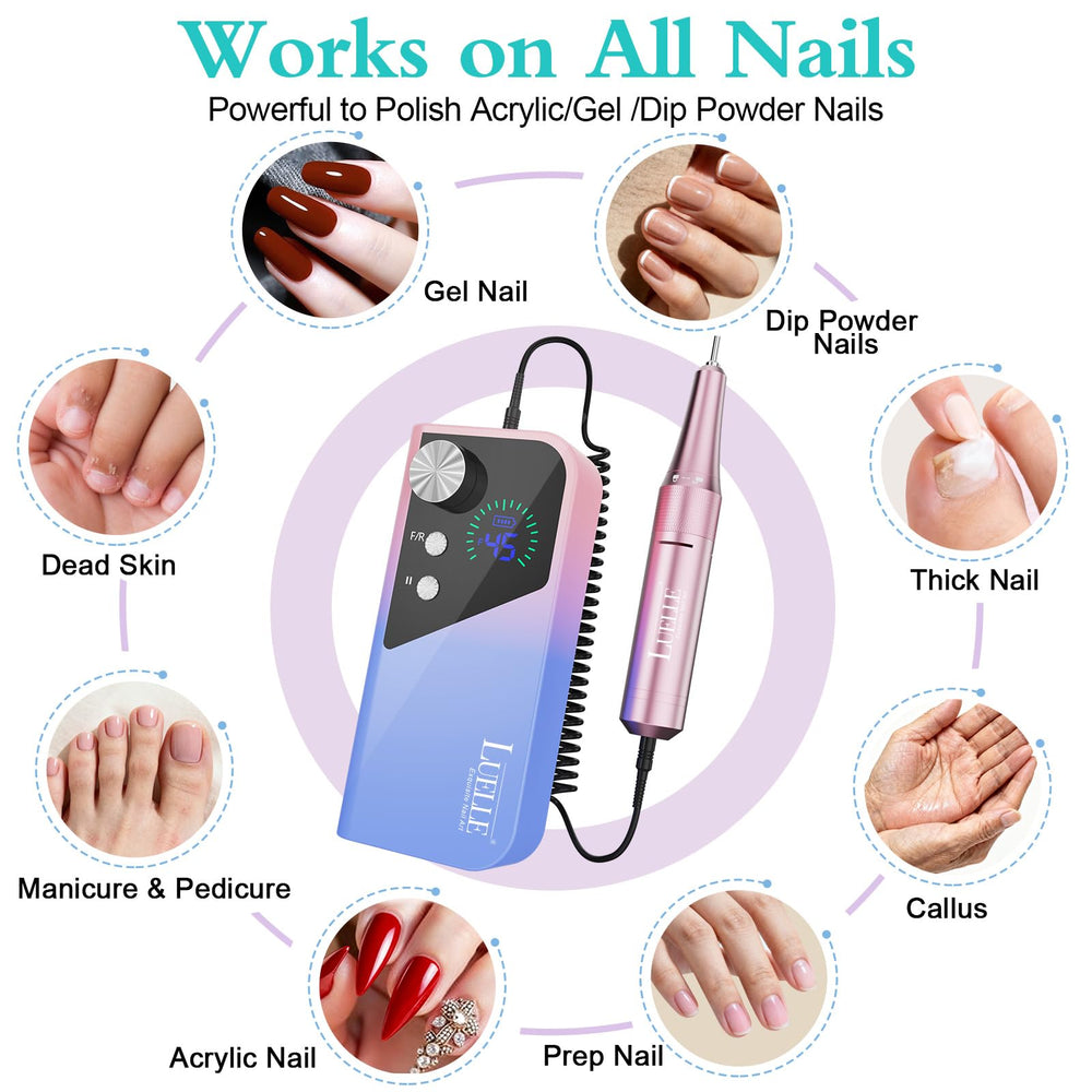 LUELLE nail file with LCD display for real-time battery and speed feedback.