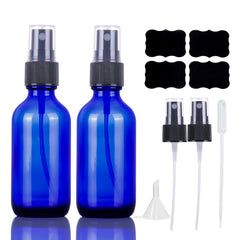 LUFEVRM 2oz blue glass spray bottle front view, travel-friendly for on-the-go mist applications.