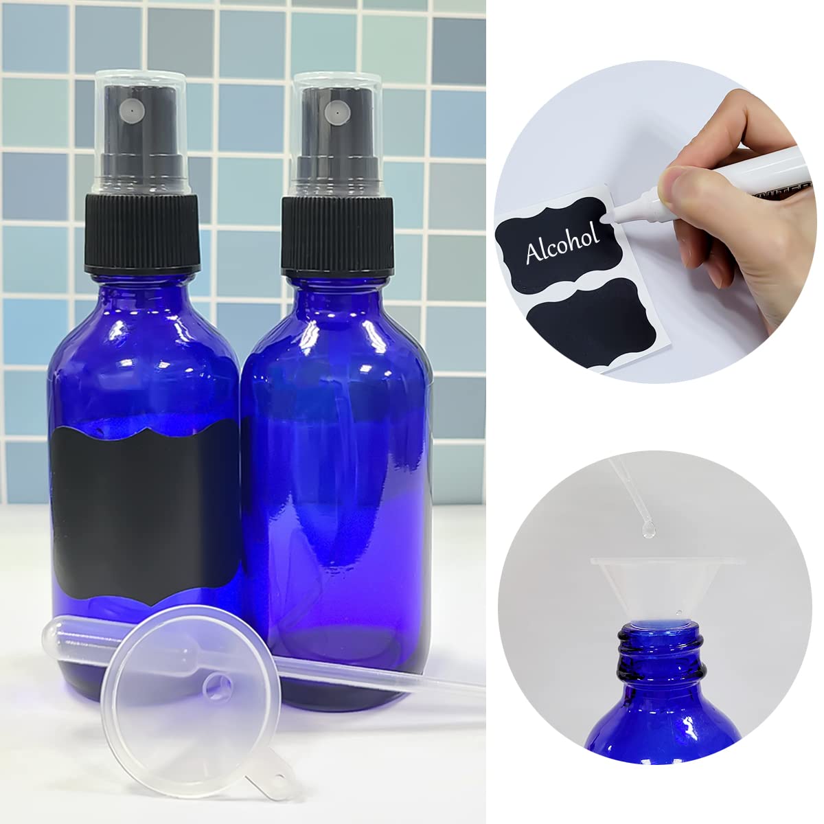 LUFEVRM 2oz blue glass spray bottle pack contents, includes labels and funnel.
