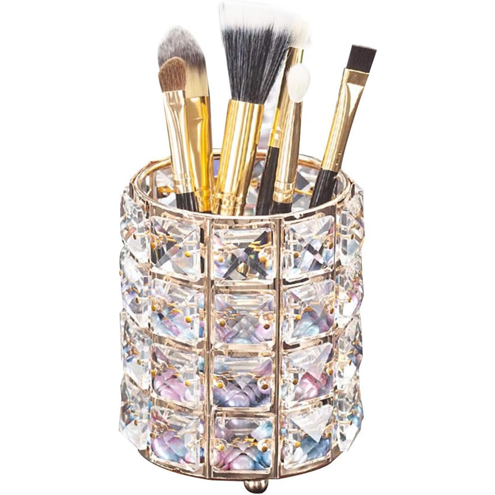 LUGUNU makeup brush holder crystal gold keeps brushes neatly organized on the vanity.