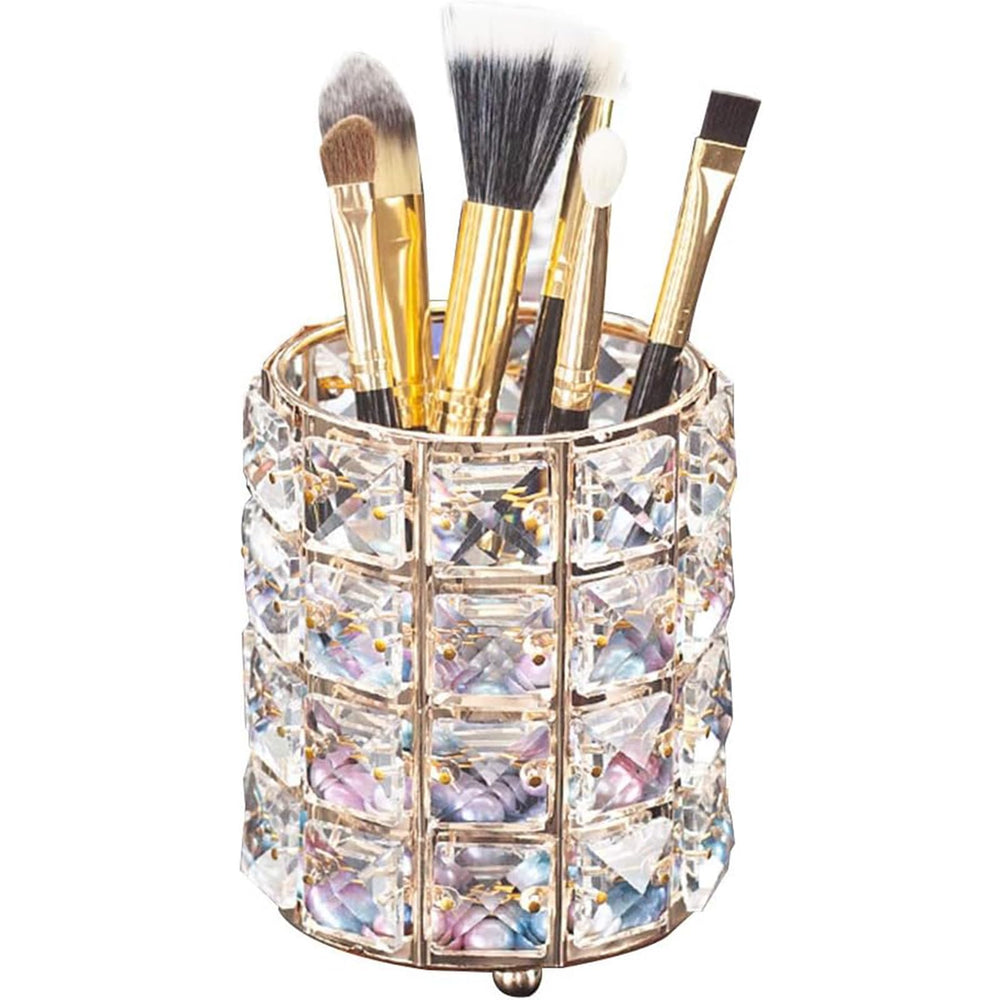 LUGUNU makeup brush holder crystal gold keeps brushes neatly organized on the vanity.