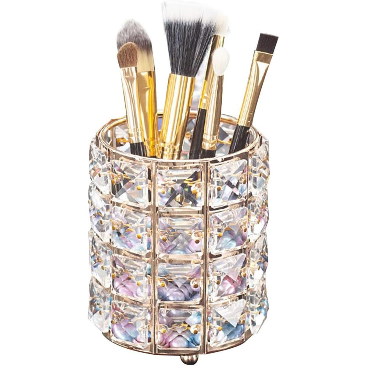 LUGUNU makeup brush holder crystal gold keeps brushes neatly organized on the vanity.