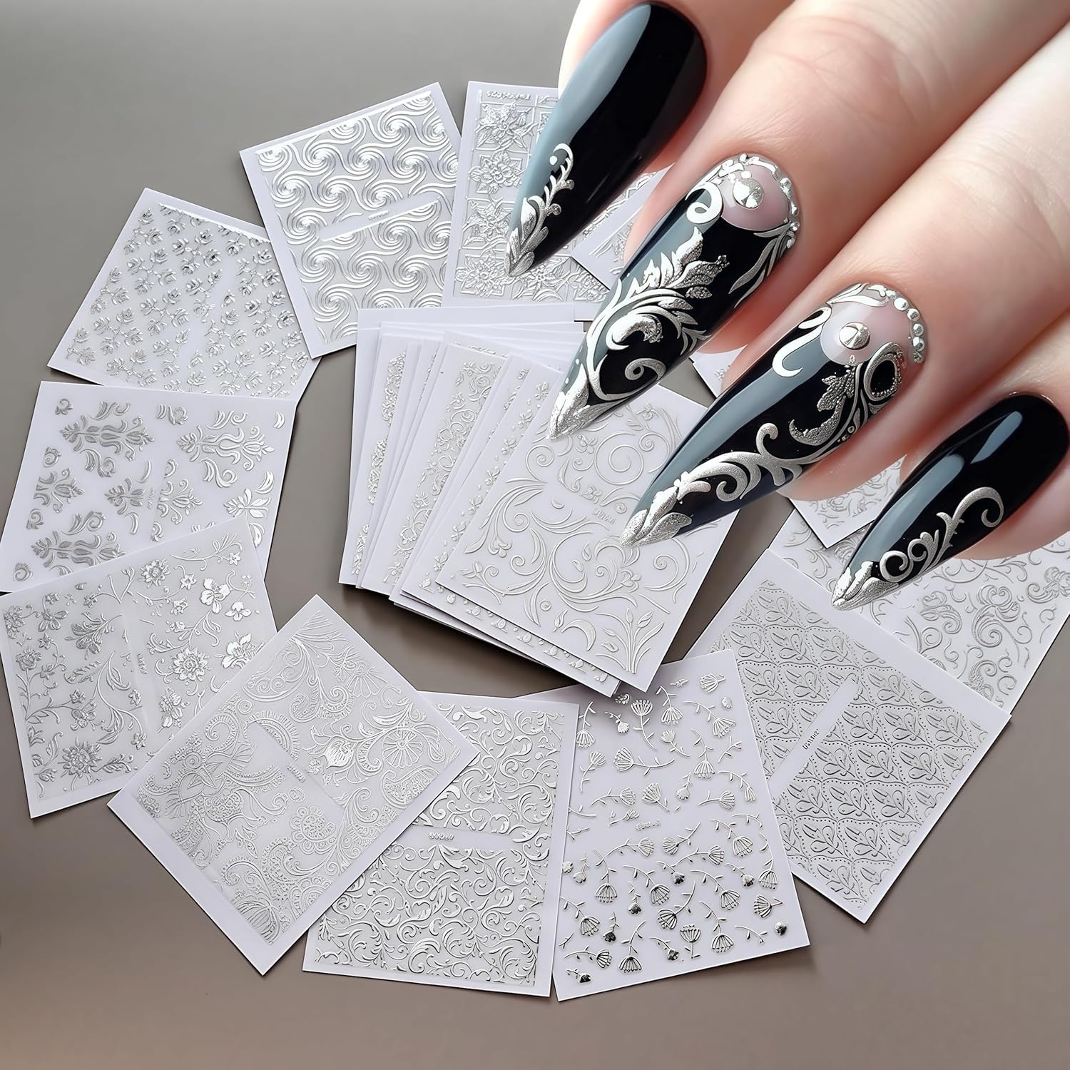 Diseños Lukmexor de flores 3D plateadas para uñas, aplicación sencilla y duradera.