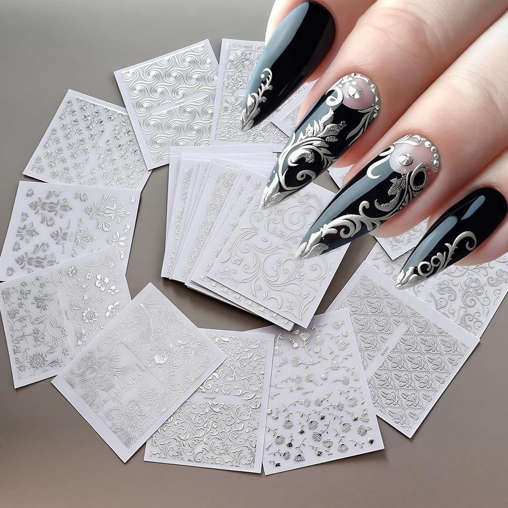 Diseños Lukmexor de flores 3D plateadas para uñas, aplicación sencilla y duradera.