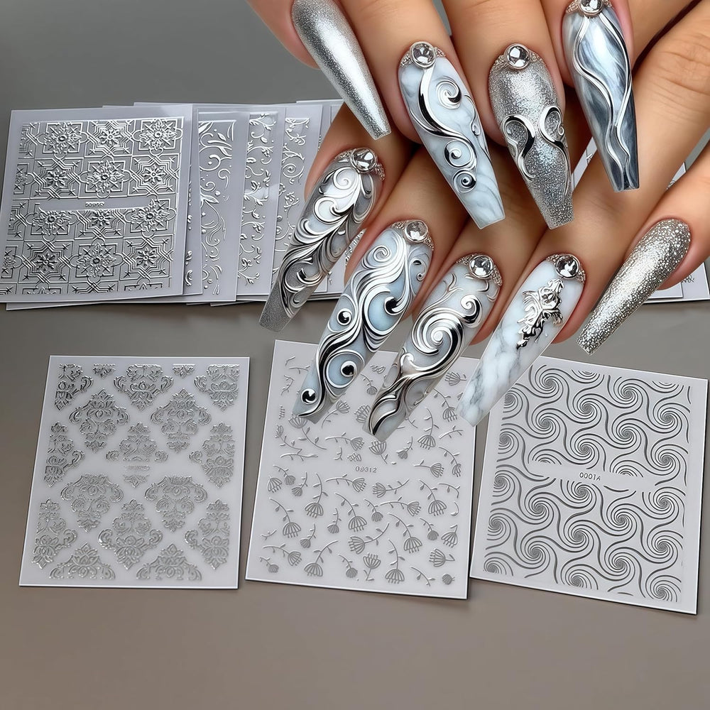 Pegatinas Lukmexor con encaje hueco plateado, ideales para uñas naturales o artificiales.