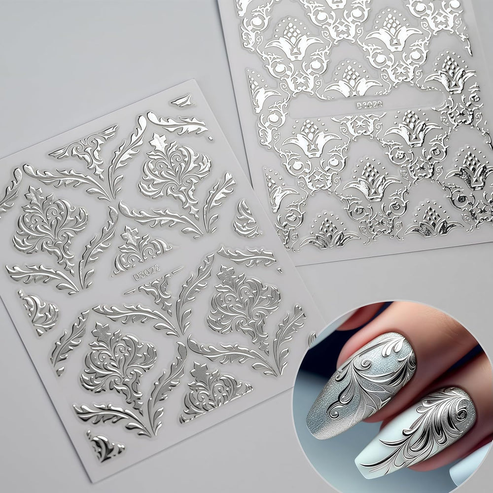 Pegatinas Lukmexor retro floral plateado para estilo vintage en uñas.