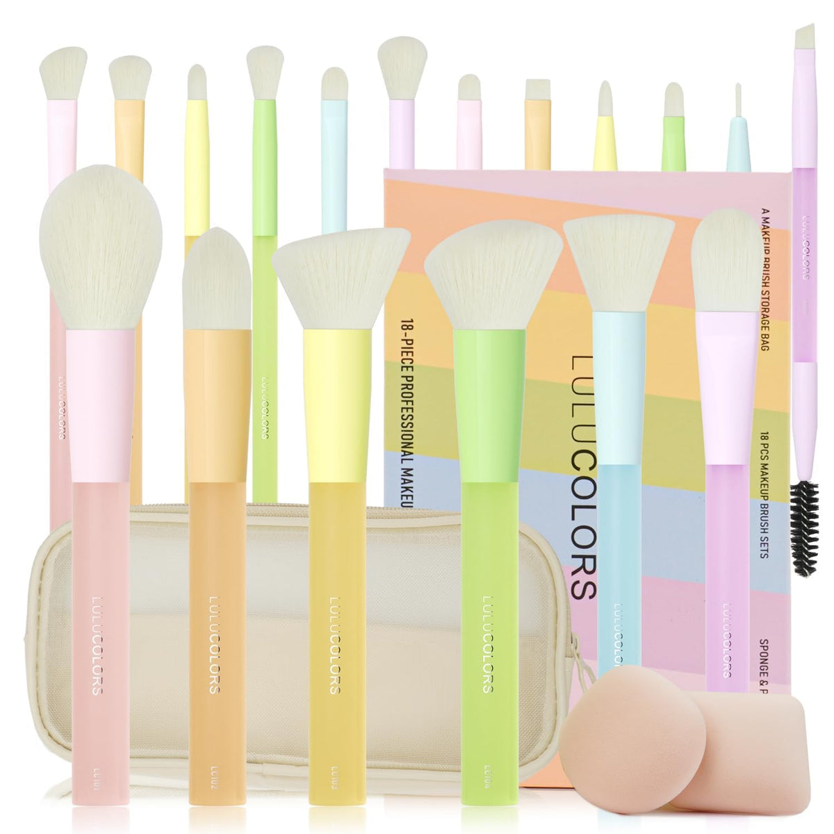 LULUCOLORS 18pc brush set arranged for a seamless makeup routine and flawless results.