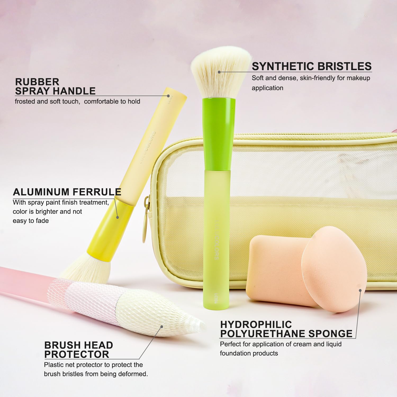 LULUCOLORS travel bag with brushes enables organized makeup anywhere.