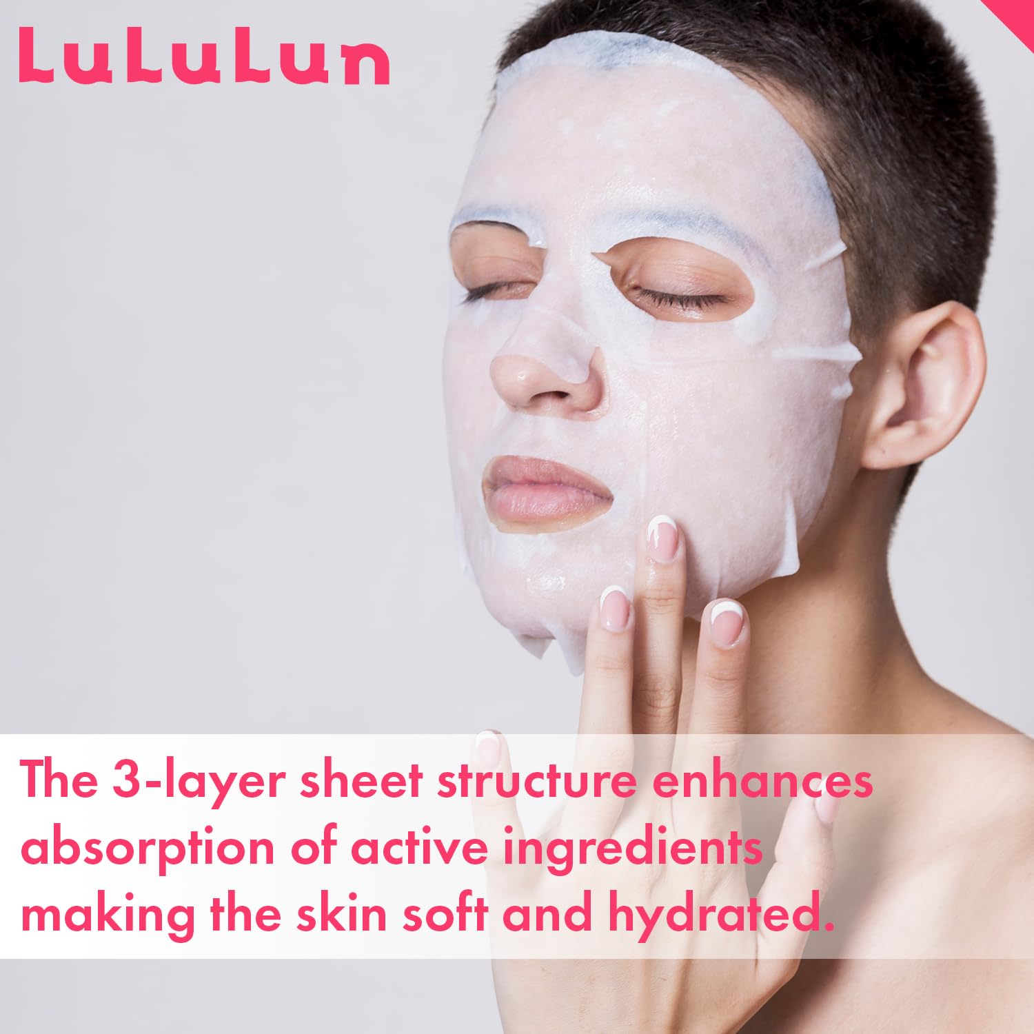 Lululun fermented rice essence triple-layer sheet shows deep absorption and soft texture.