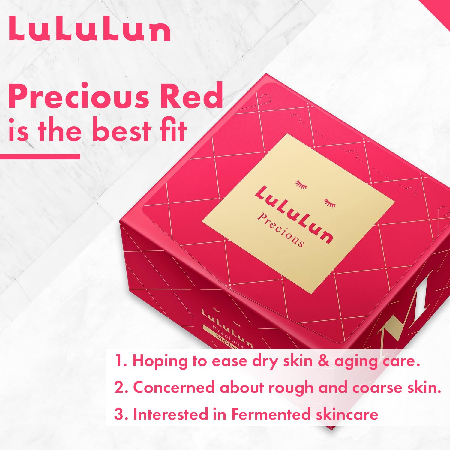 Lululun 32EA sheet with precious moist rice extract for lasting hydration.
