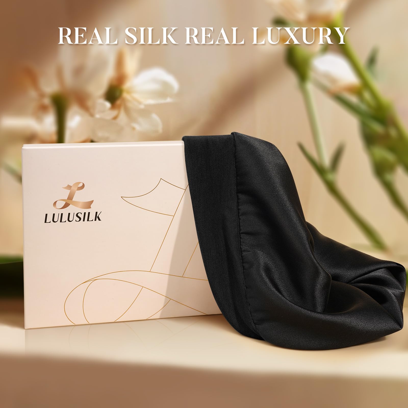 Bonete negro de seda LULUSILK para dormir y reducir encrespamiento.