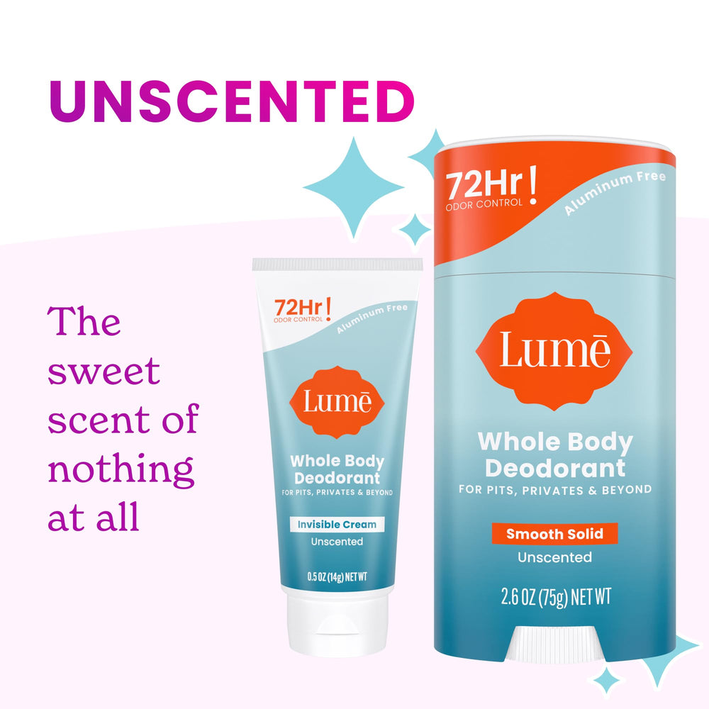 Lume 72-hour odor control solid stick delivering long-lasting freshness.