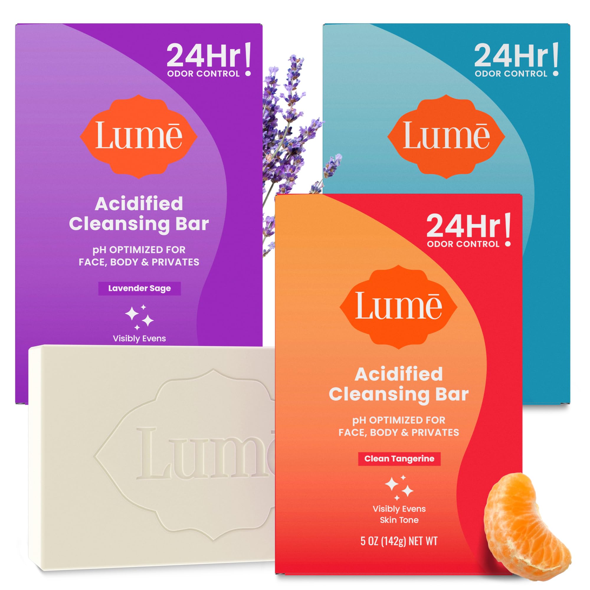 Lume Acidified Bar Tangerine Pack showing three scents for odor control