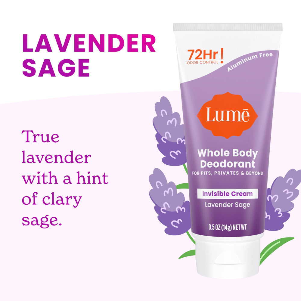 Lume aluminum-free baking-soda-free label emphasizes skin-friendly formula.