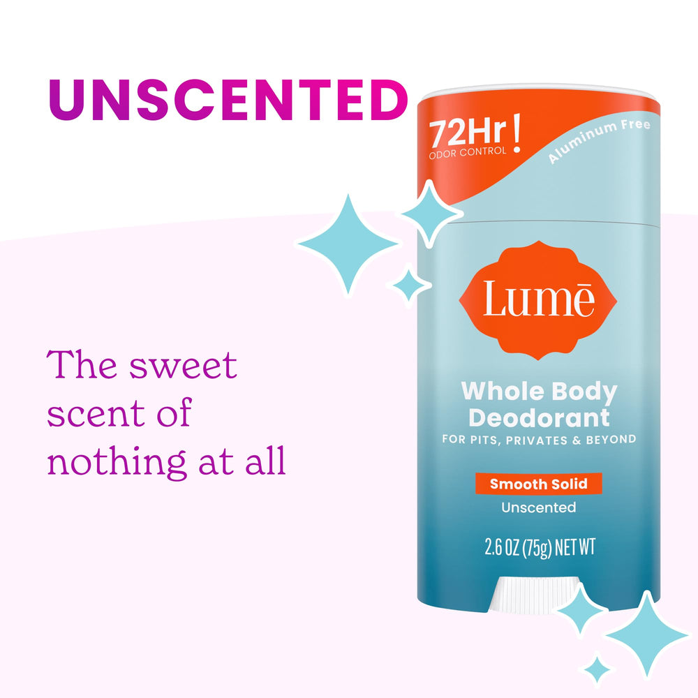 Lume Aluminum-free Baking Soda-free label highlights gentle, skin-safe formula