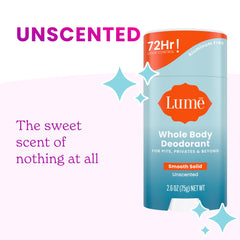 Lume Aluminum-free Baking Soda-free label highlights gentle, skin-safe formula