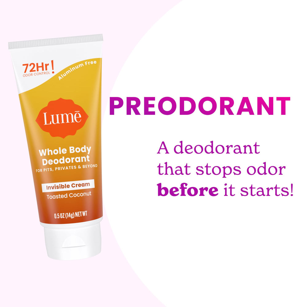 Lume aluminum-free baking-soda-free packaging emphasizes skin-friendly formula.