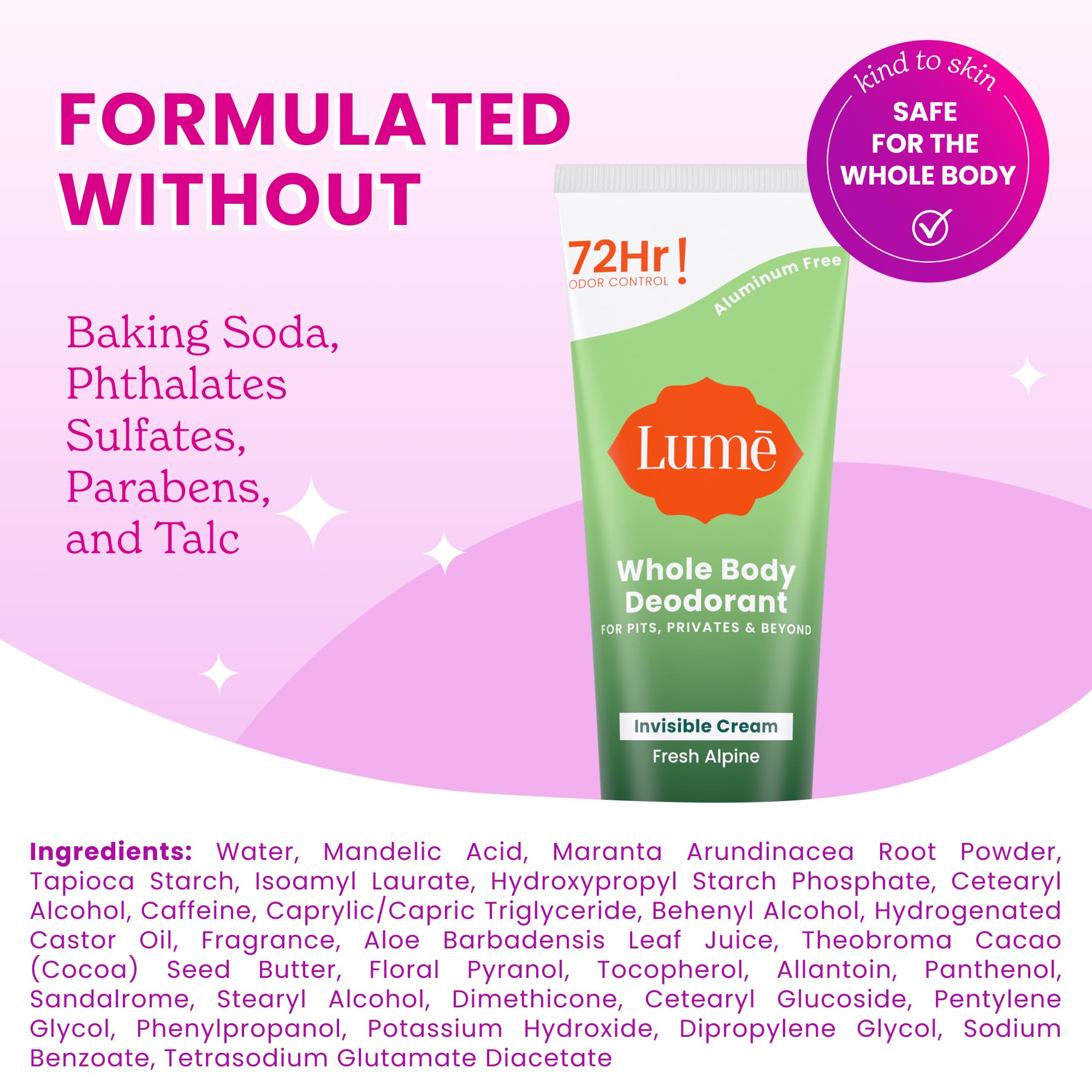 Lume Aluminum-free formula label highlights skin-friendly use.