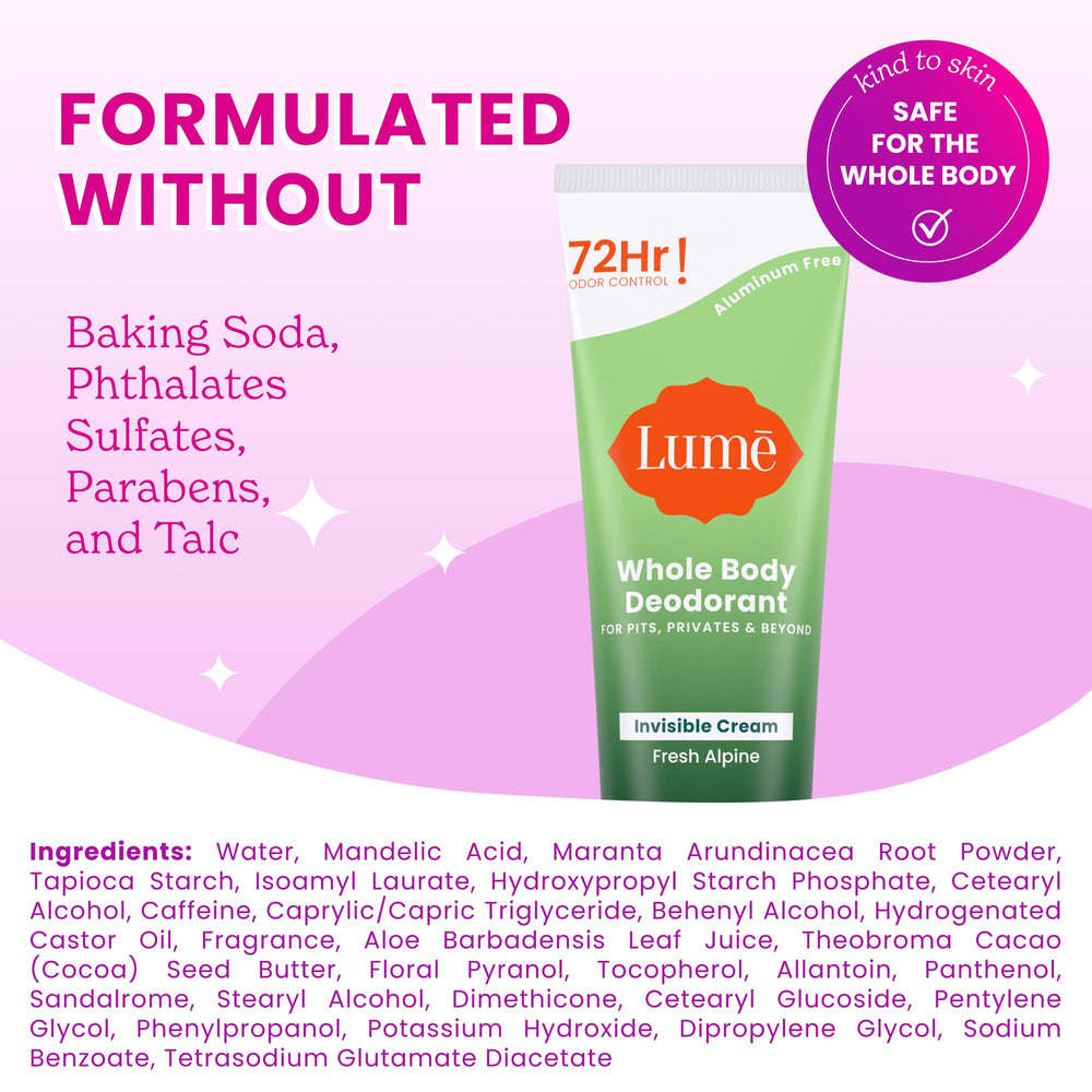 Lume Aluminum-free formula label highlights skin-friendly use.