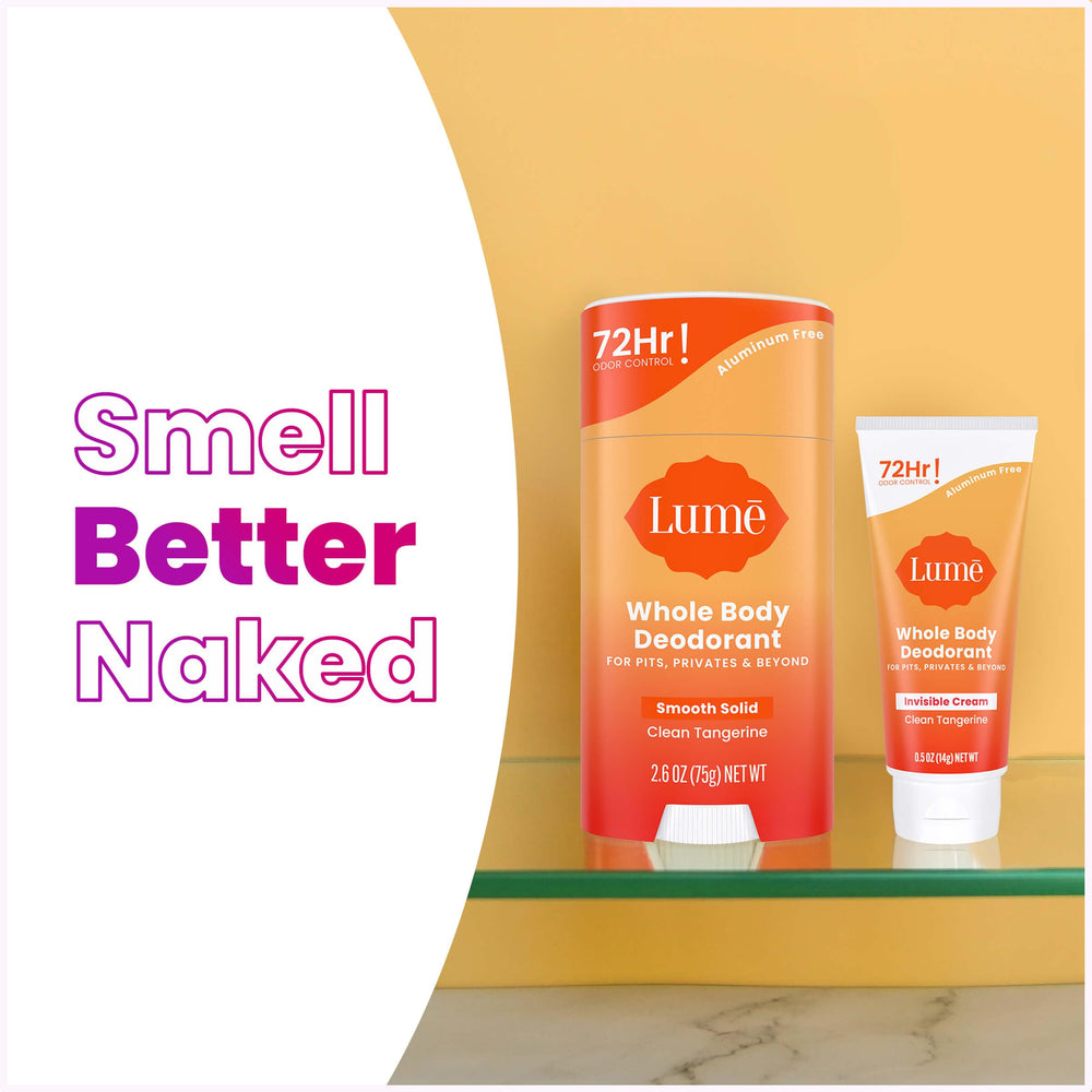 Lume baking-soda-free formula label emphasizes skin-friendly use.