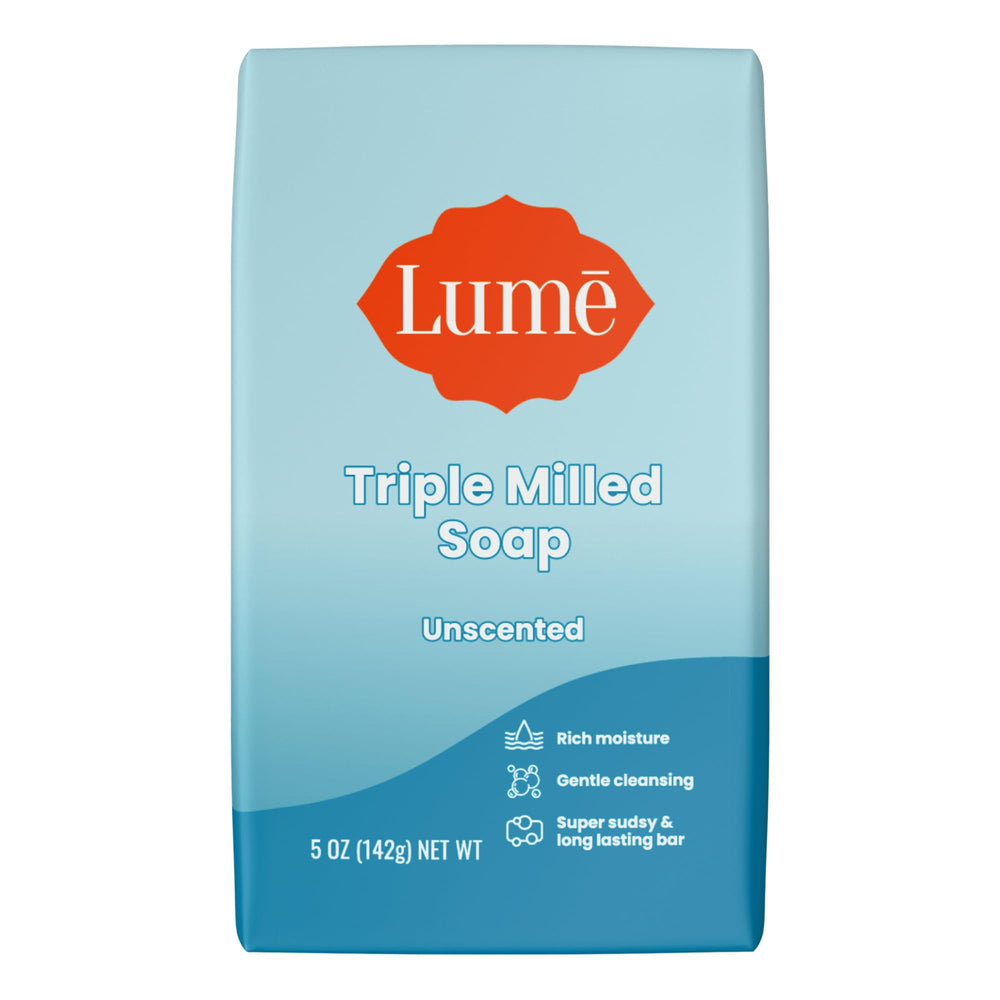 Barra de jabón Lume con triple molienda, hidratación duradera y limpieza suave.