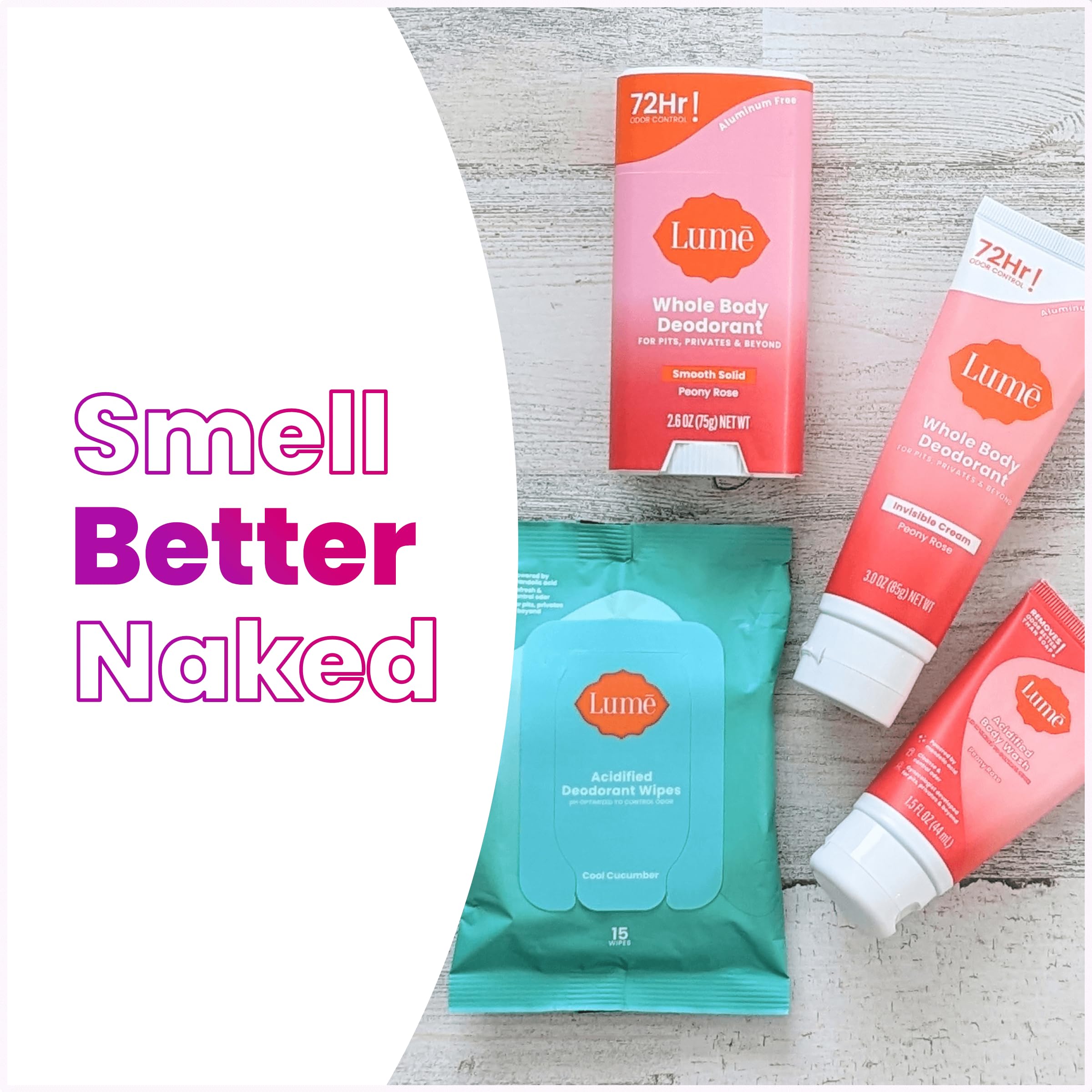 Body care collection image showing wash, deodorant, and wipes together.