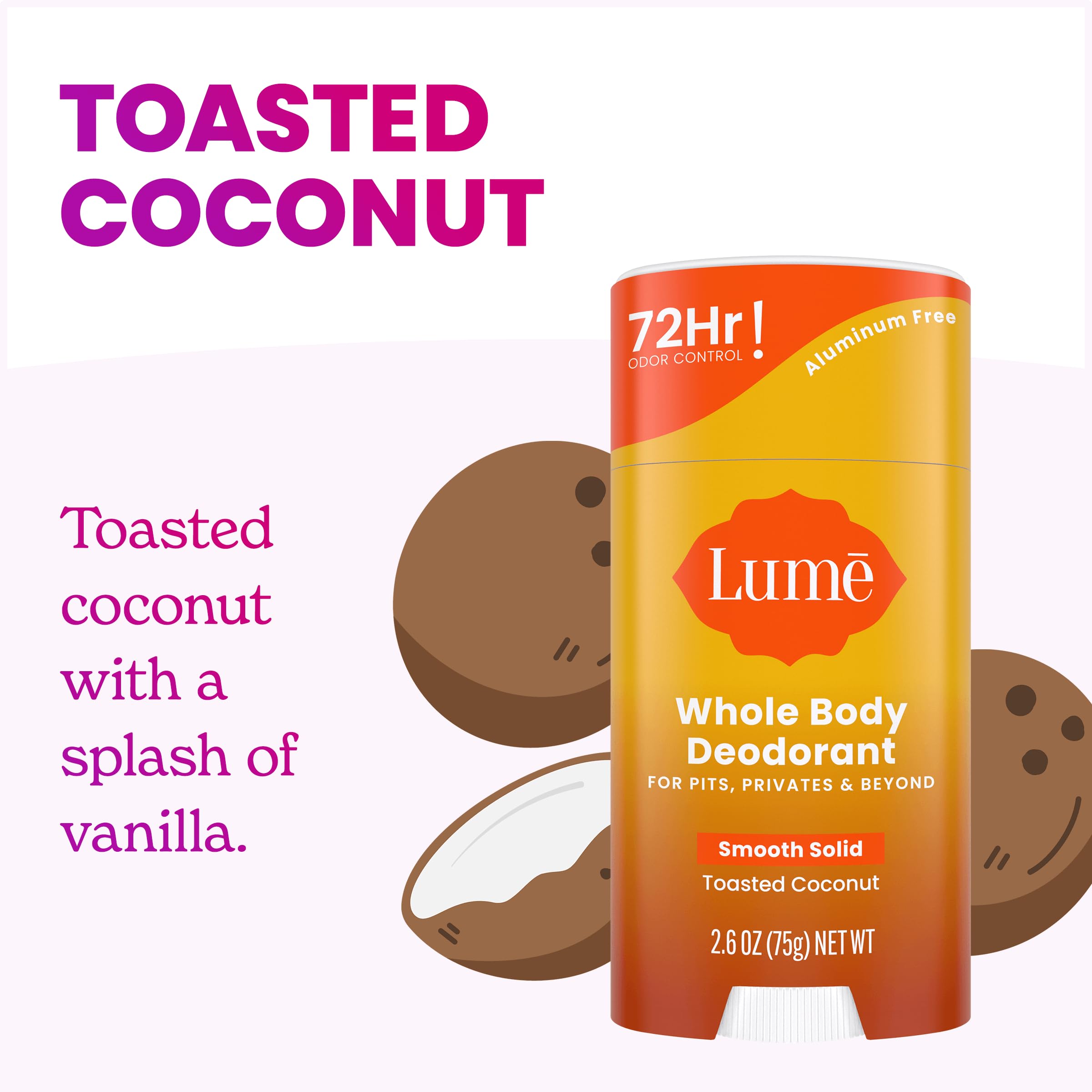 Lume aluminum-free, baking soda-free formula shown as skin-safe for sensitive areas.