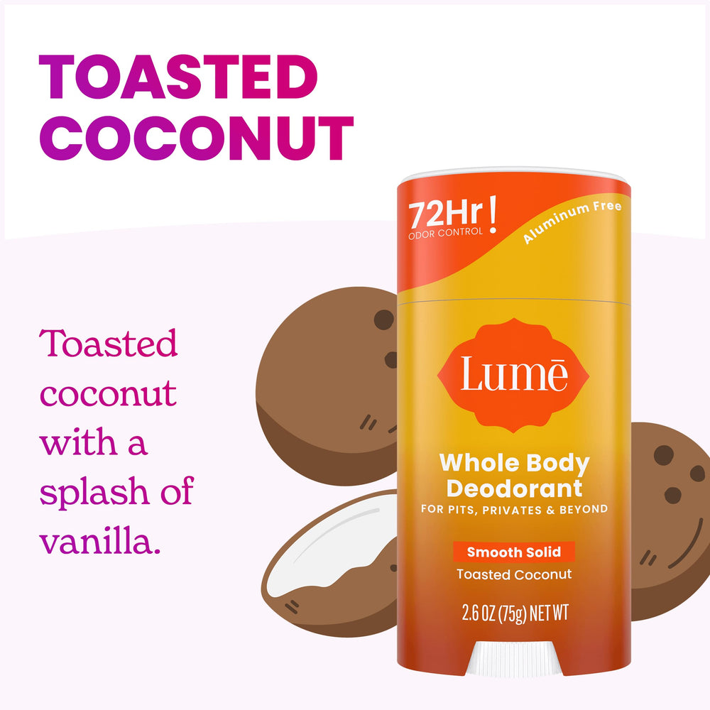 Lume aluminum-free, baking soda-free formula shown as skin-safe for sensitive areas.