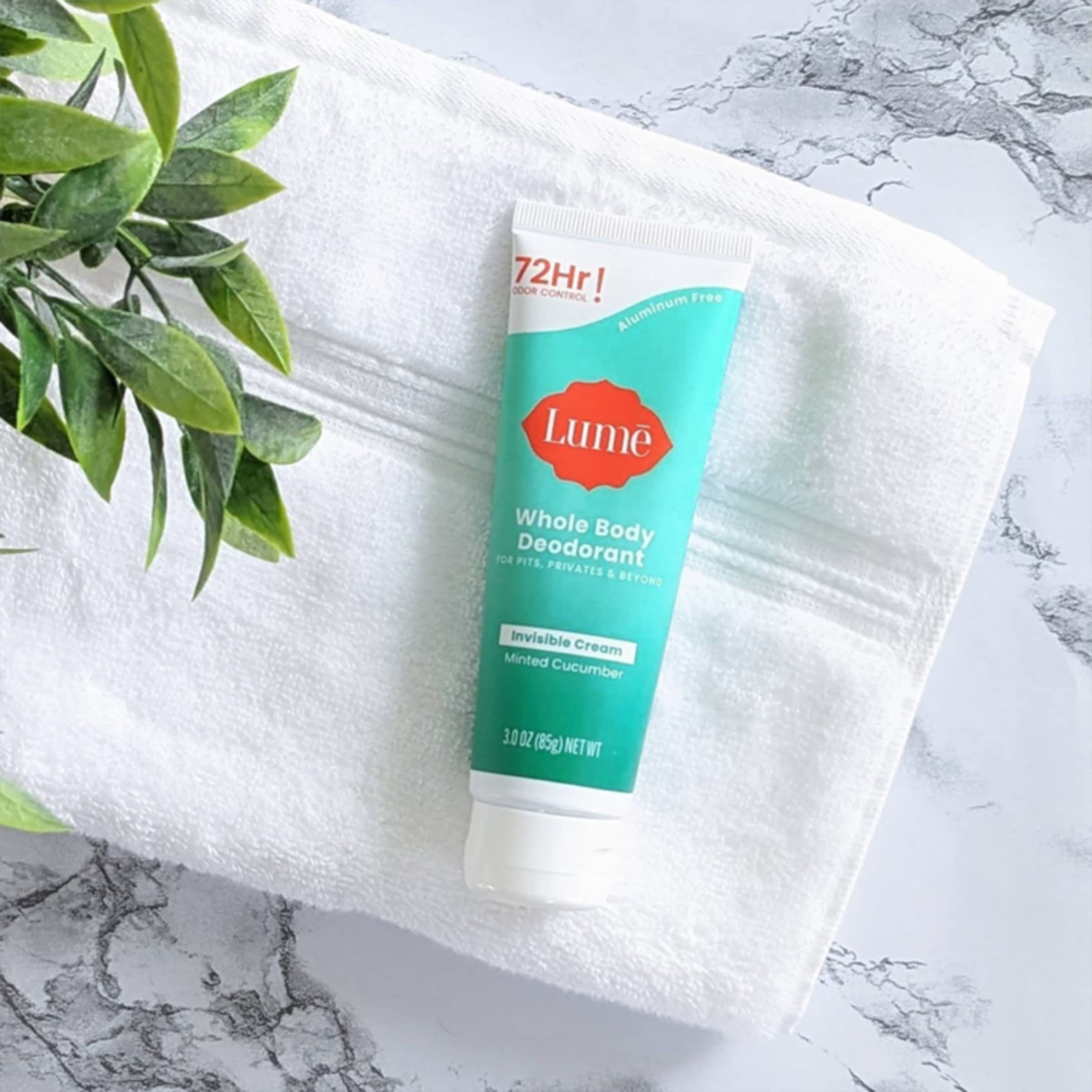 LUME cream rub-in on skin demonstrates easy daily routine.