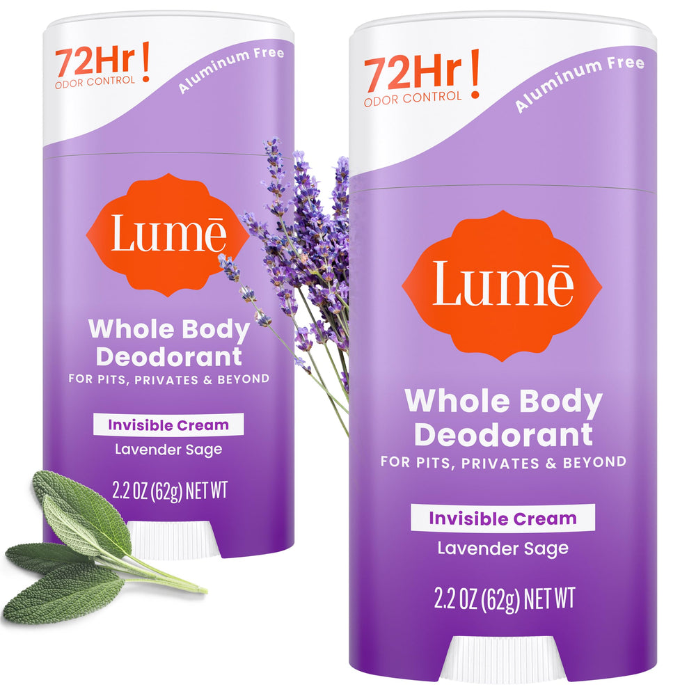 Lume deodorant cream stick front view with lavender sage packaging and scent
