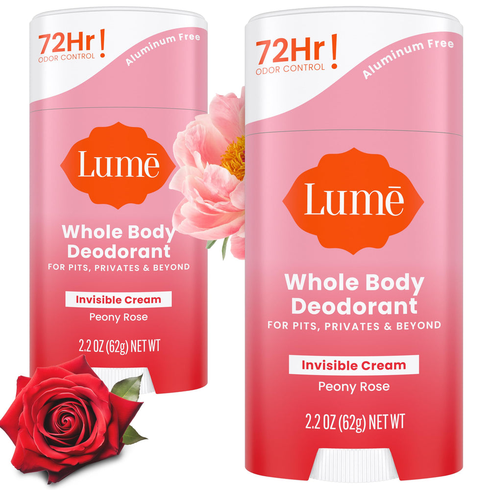 Lume Peony Rose deodorant cream-stick packaging highlights scent and quality