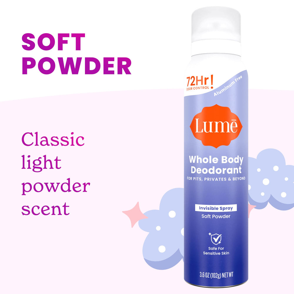 Lume Invisible Spray soft powder scent label for comfort.