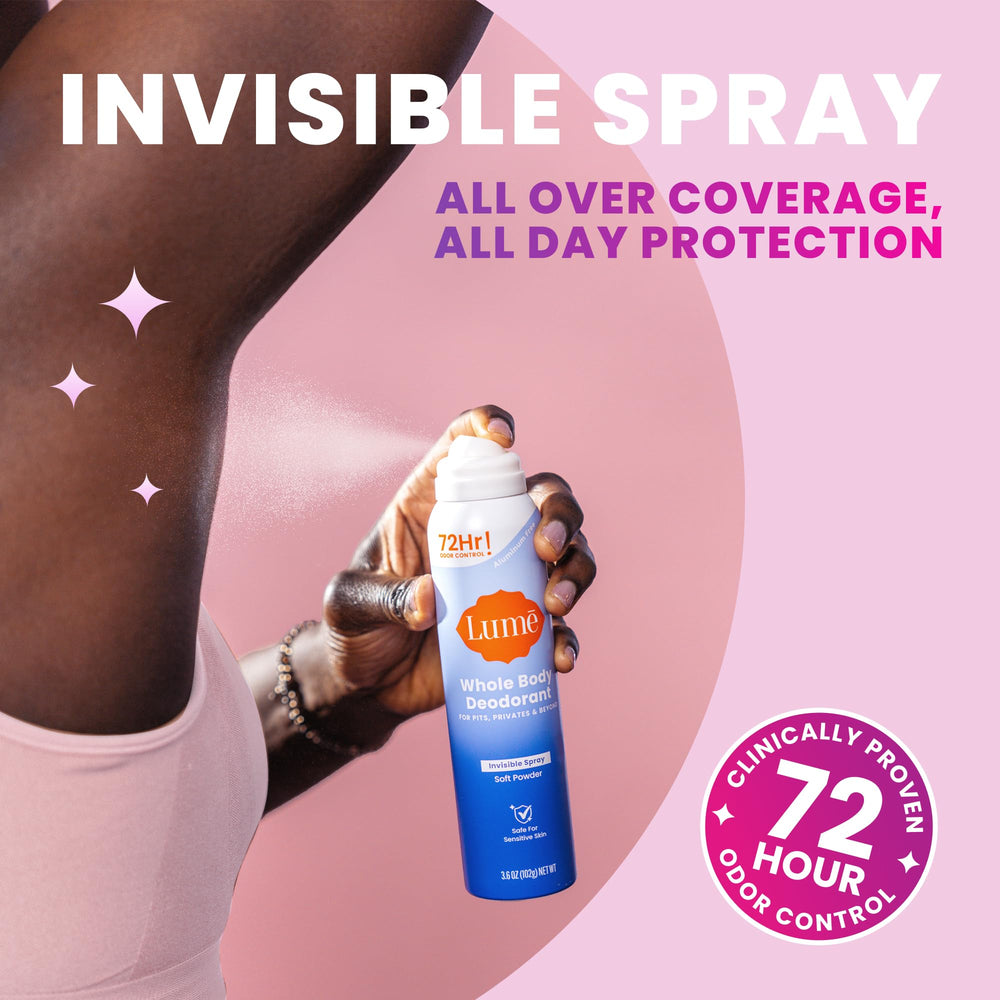 Lume Invisible Spray underarm application demonstrates discreet use.