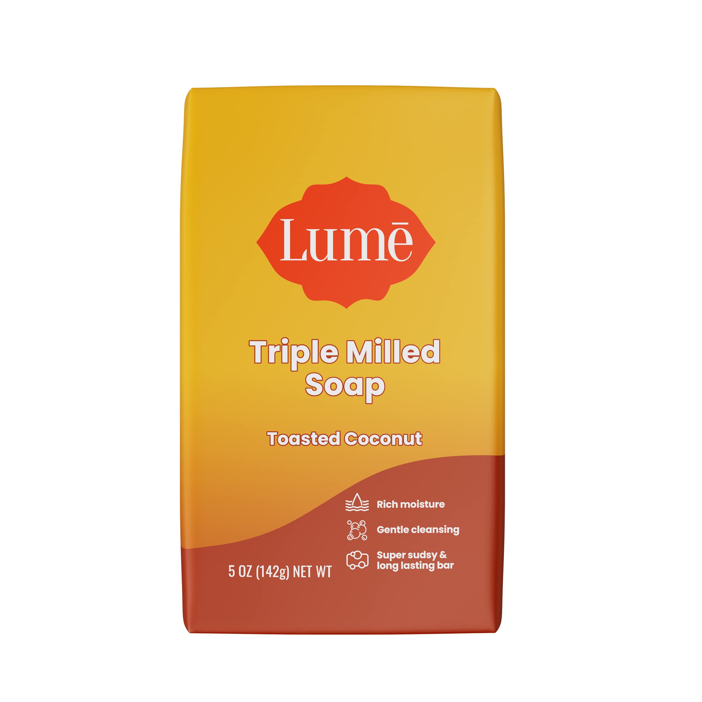 Jabón Lume en barra con coco tostado; limpieza suave para la piel.