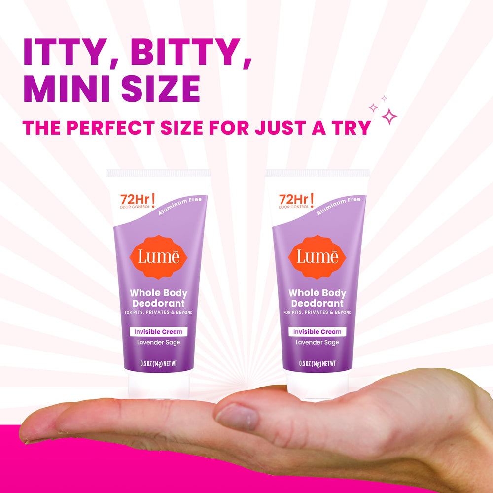 Lume mini travel-size cream-tube provides on-the-go protection.