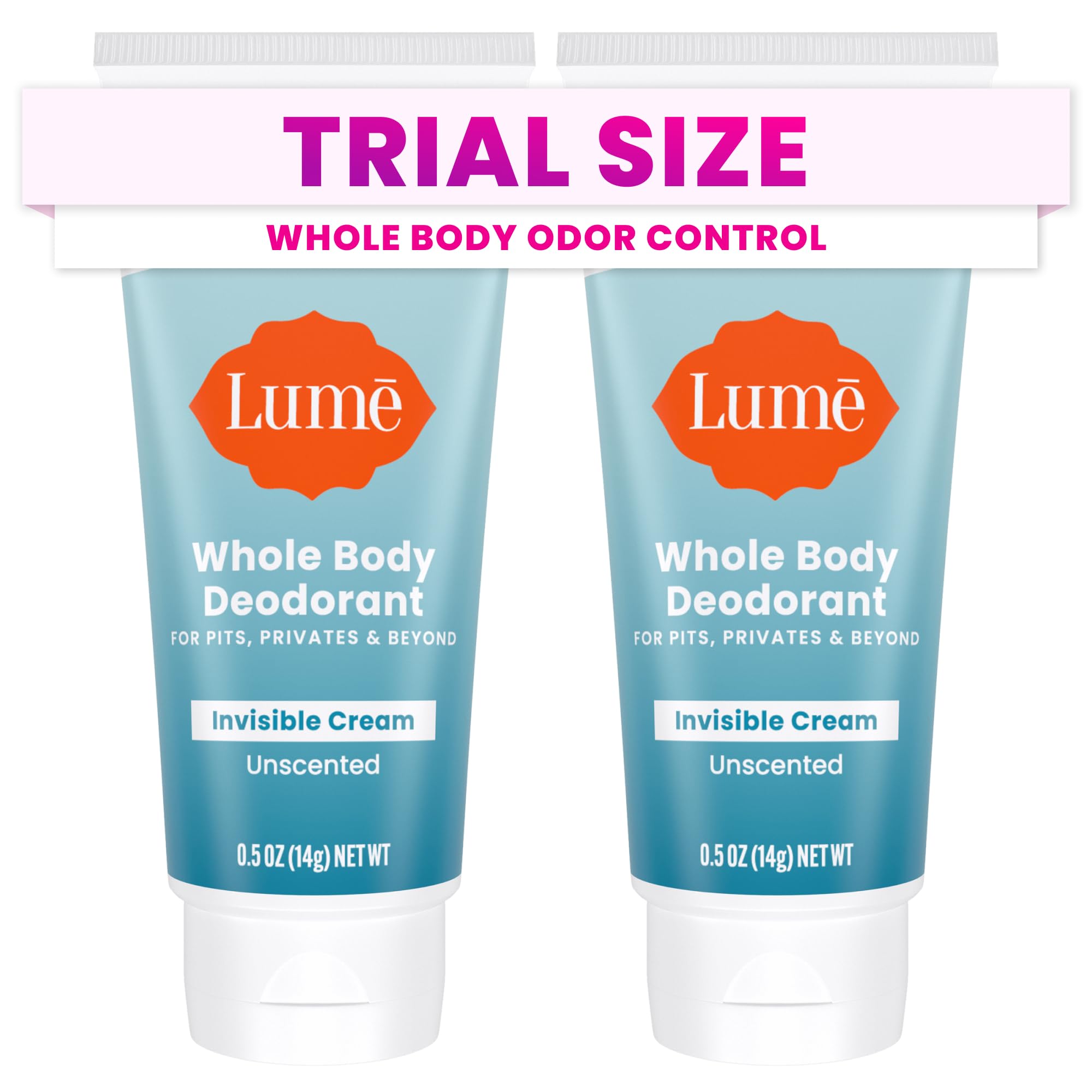Lume mini travel size unscented invisible cream close-up for on-the-go odor control.