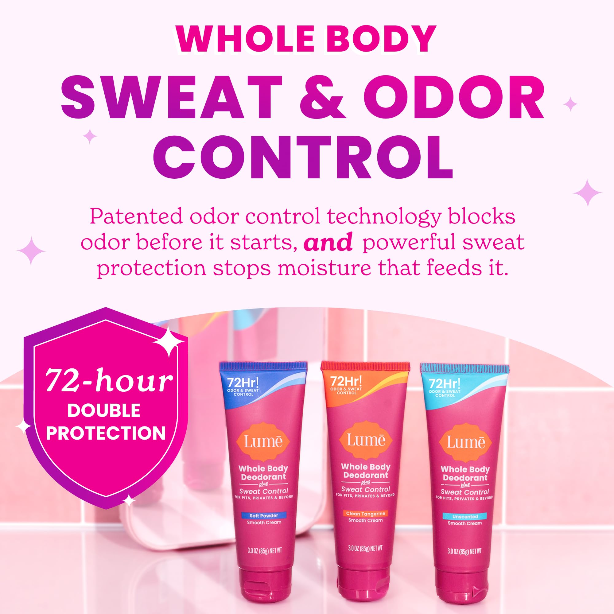 Graphic hints at Lume 72-hour odor and sweat protection