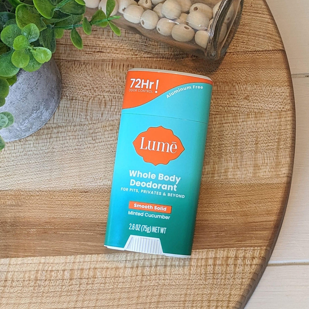 Lume packaging highlights aluminum-free and baking soda-free claims.