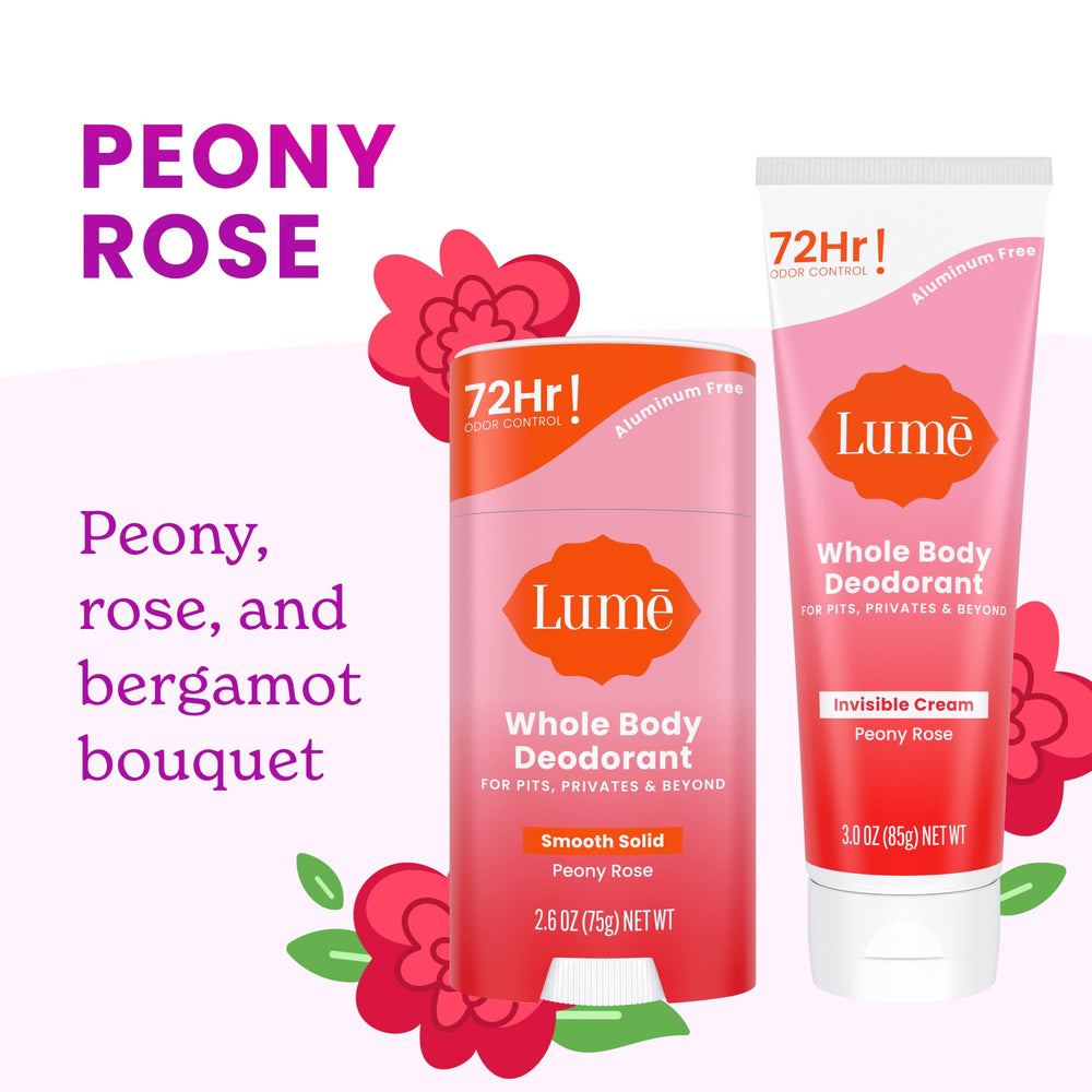 Lume packaging Peony Rose box highlights skin-safe daily use.