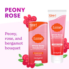 Lume packaging Peony Rose box highlights skin-safe daily use.