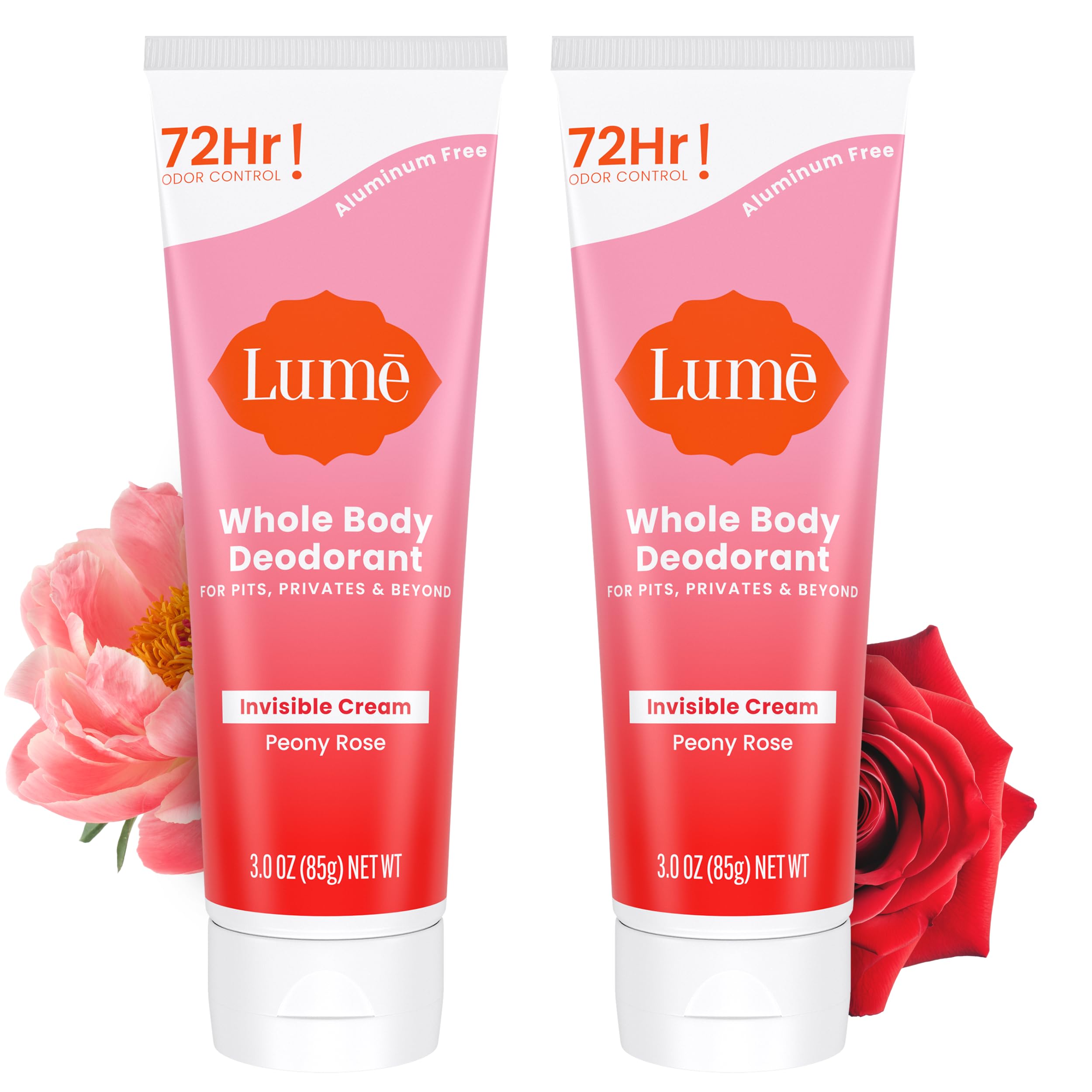 Lume Peony Rose invisible cream tube on bathroom shelf for all-day odor control