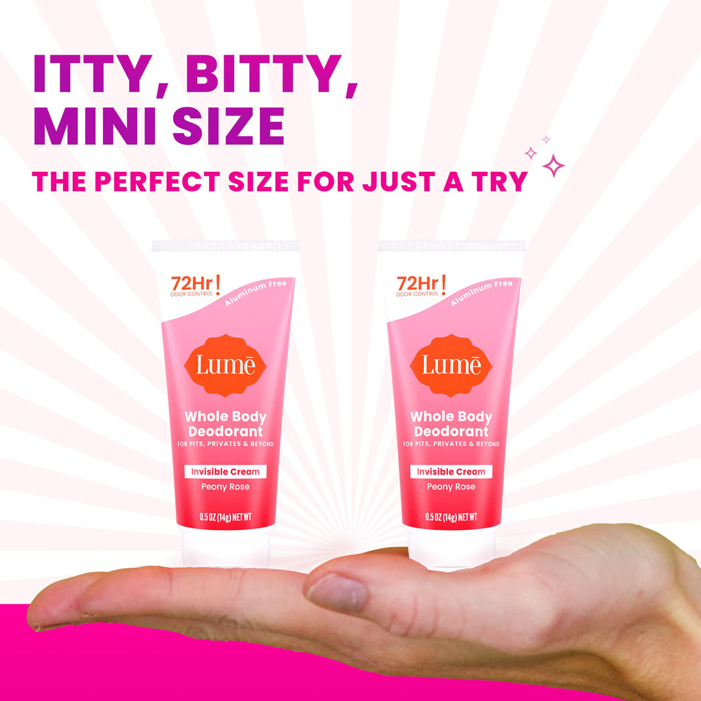 Lume Peony Rose invisible cream tube showing discreet, skin-friendly formula.