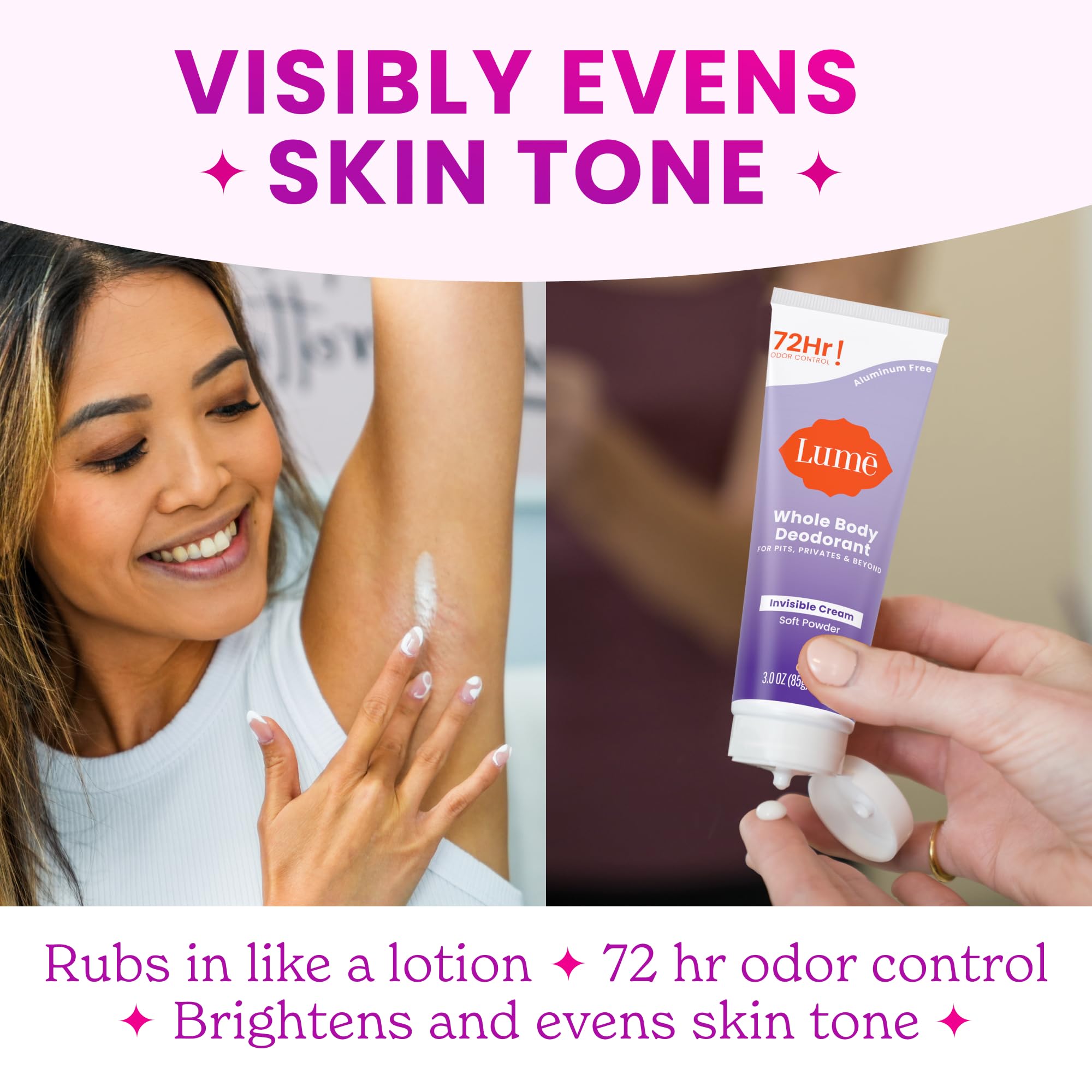 Lume applied underarm and nearby areas demonstrating multi area odor control