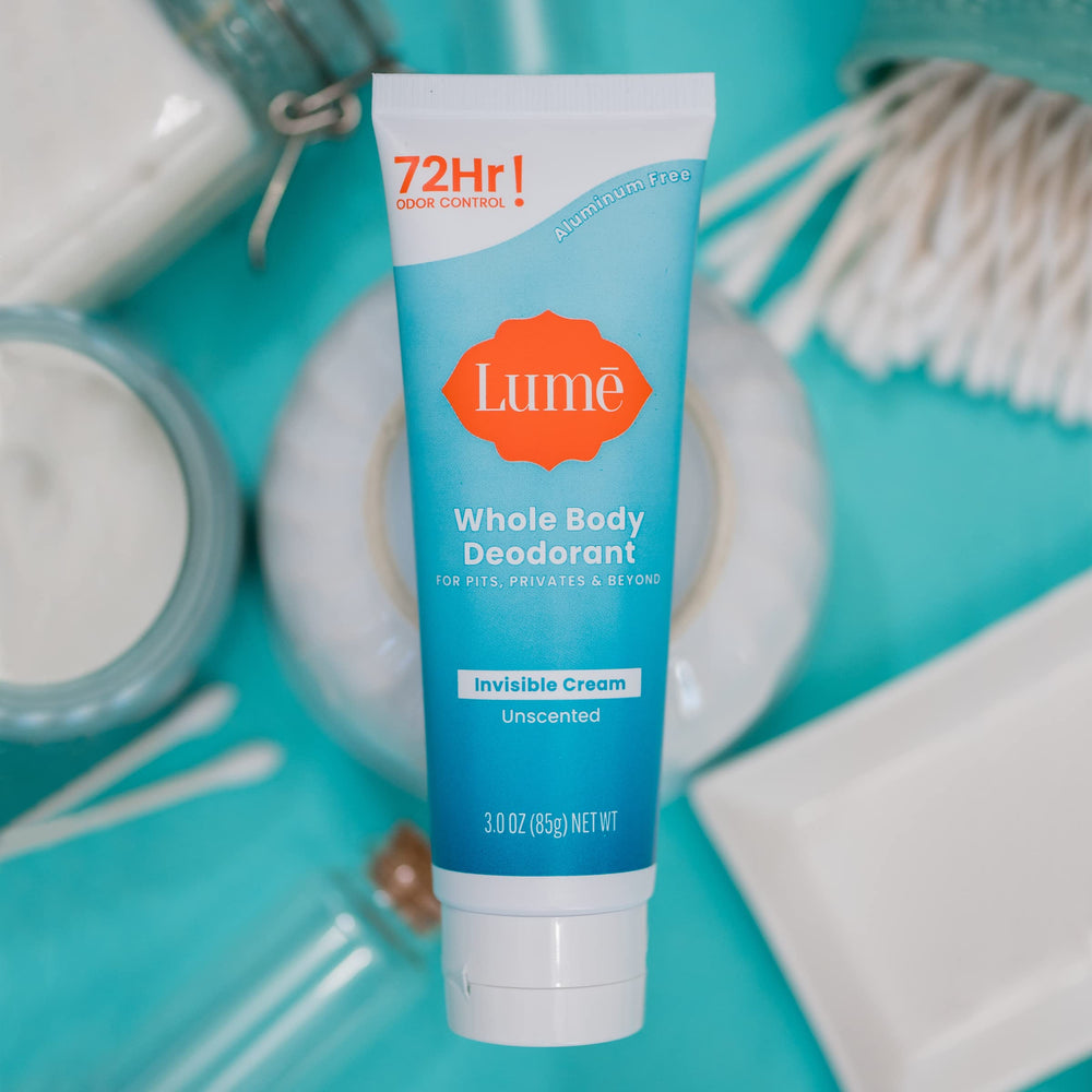 Lume product on bathroom counter showcasing convenient 3.0 ounce size