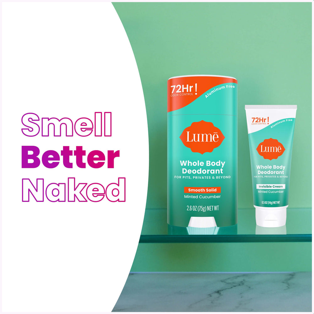 Lume skin-safe minted cucumber formula gentle on sensitive skin.